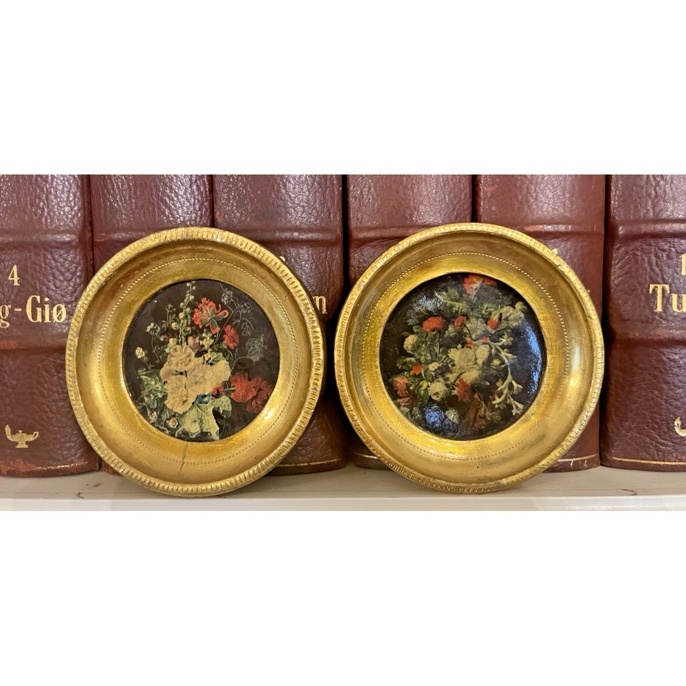 Vtg Pr Italian Florentine Gold Gilt Floral Still Life Italy Wall Hanging 3.75"